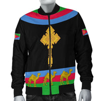 Black bomber jacket front view with camel band at hem and Eritrea gold cross graphic