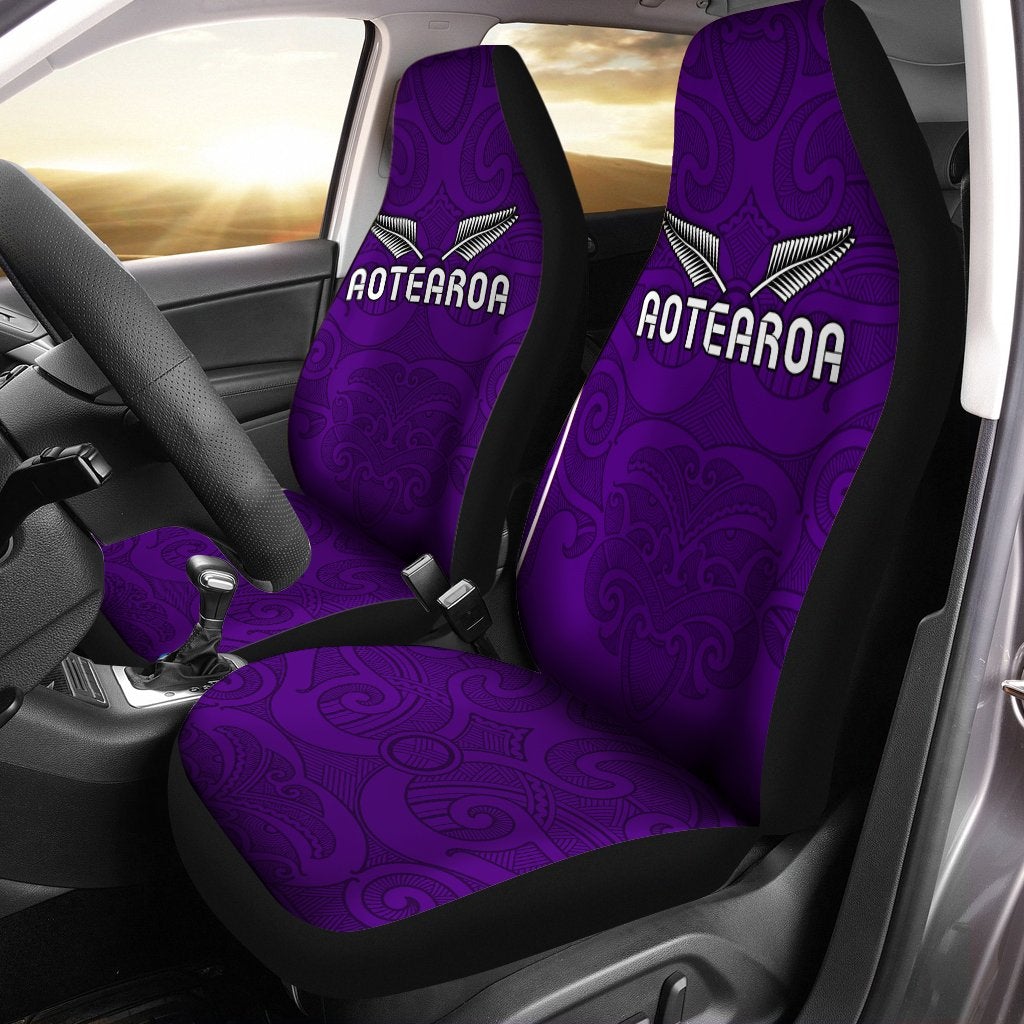 Purple Aotearoa tattoo car seat covers with ornate Maori pattern and black side panels