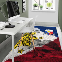Eagle design area rug with blue top band, white tribal motifs, red lower band, yellow accents