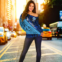 Women’s off-shoulder sweater in dark blue with light blue patterned Independence graphic
