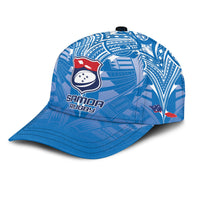 Blue Samoa rugby cap, side view with shield logo and patterned tribal design