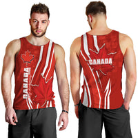 Red men’s tank top with Canada text, maple leaf graphic, and white stripe accents