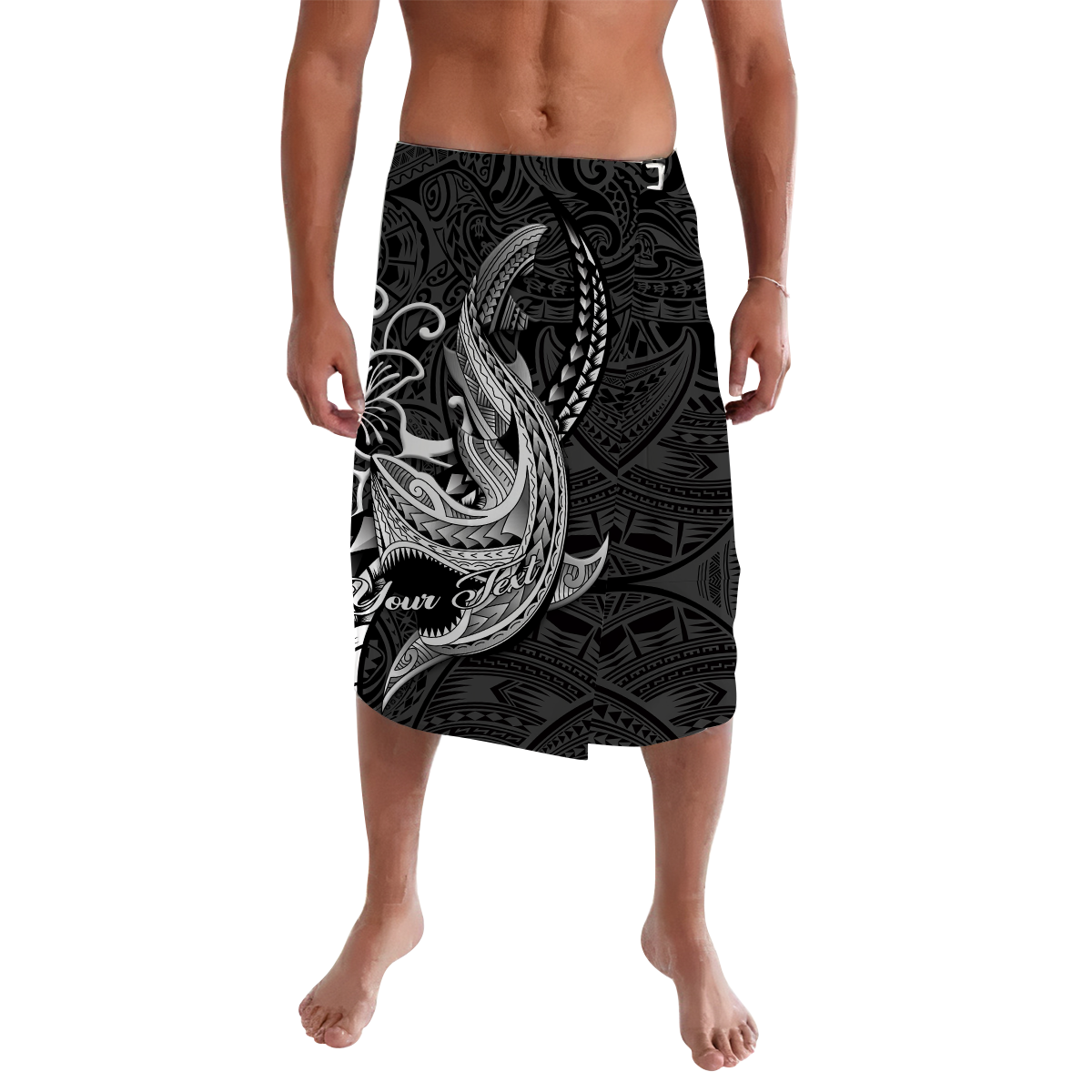 Tribal shark tattoo lavalava, black with gray geometric print, front view