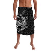 Tribal shark tattoo lavalava, black with gray geometric print, front view