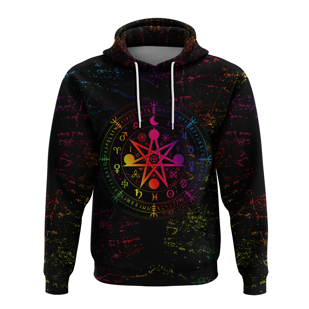 Black pullover hoodie with front kangaroo pocket and colorful occult circle pentagram print