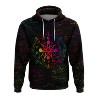 Black pullover hoodie with front kangaroo pocket and colorful occult circle pentagram print