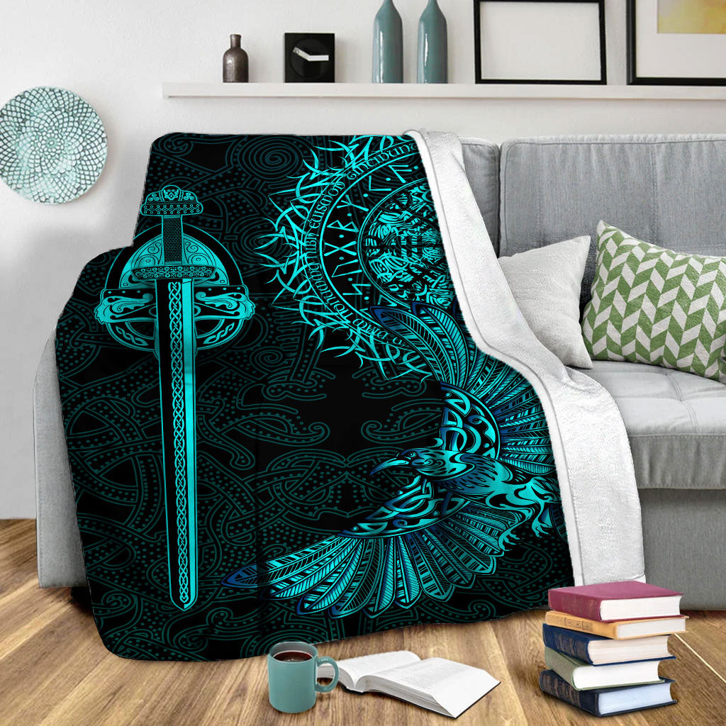 Black blanket with teal Viking raven tattoo, sword, circular emblem, and wing motif