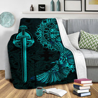 Black blanket with teal Viking raven tattoo, sword, circular emblem, and wing motif