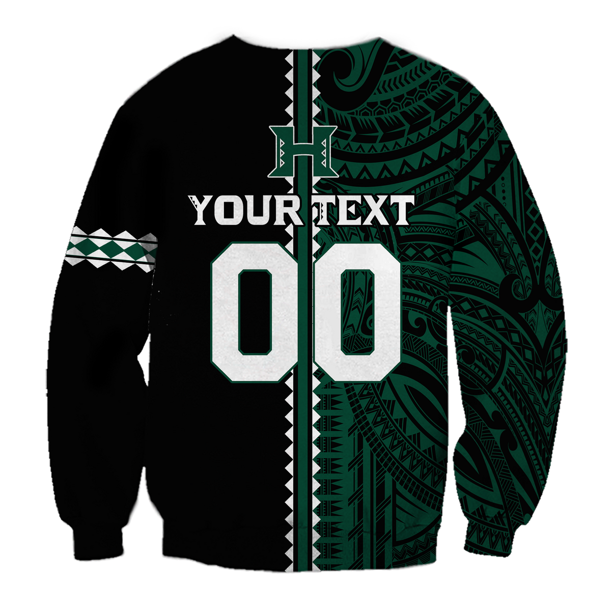 Custom football sweatshirt with your text and large 0 on black/green tribal design