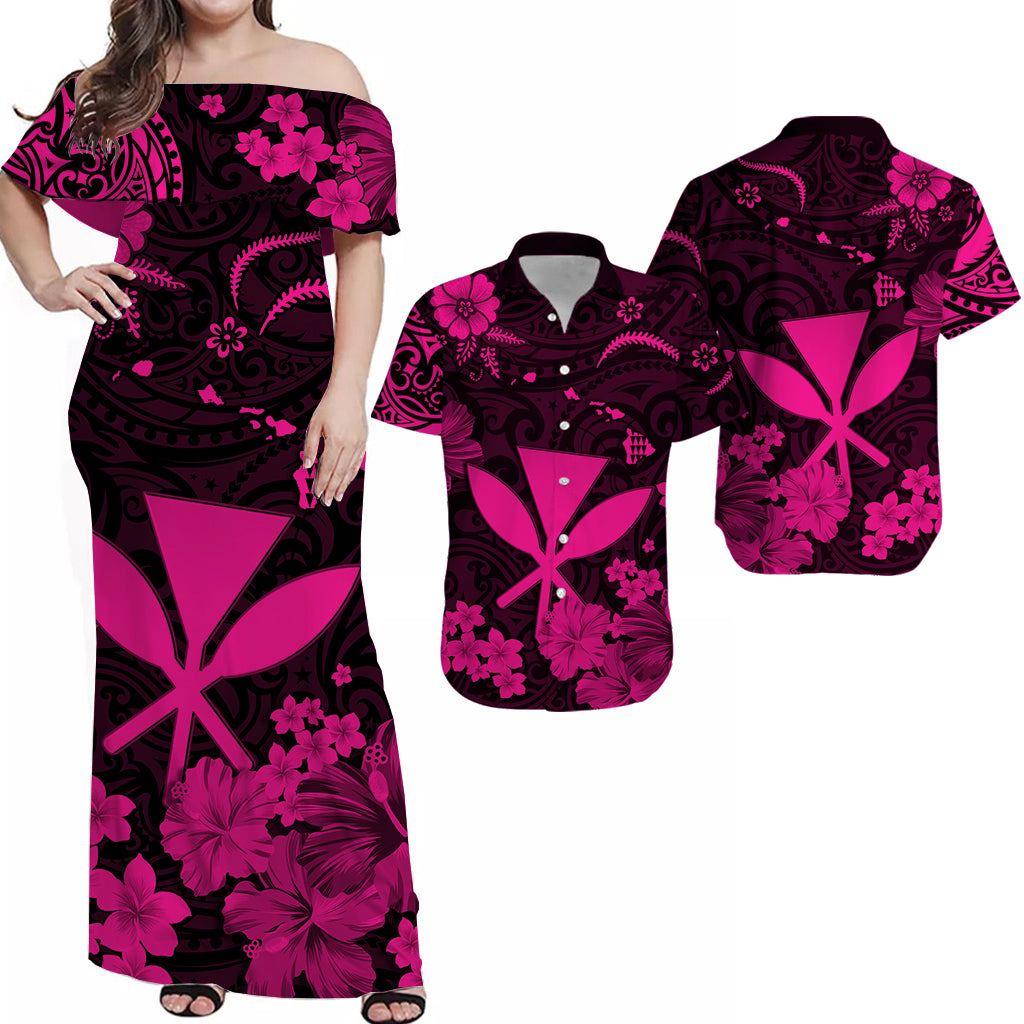 Off-shoulder long Hawaiian dress in dark maroon with bright pink floral and geometric print
