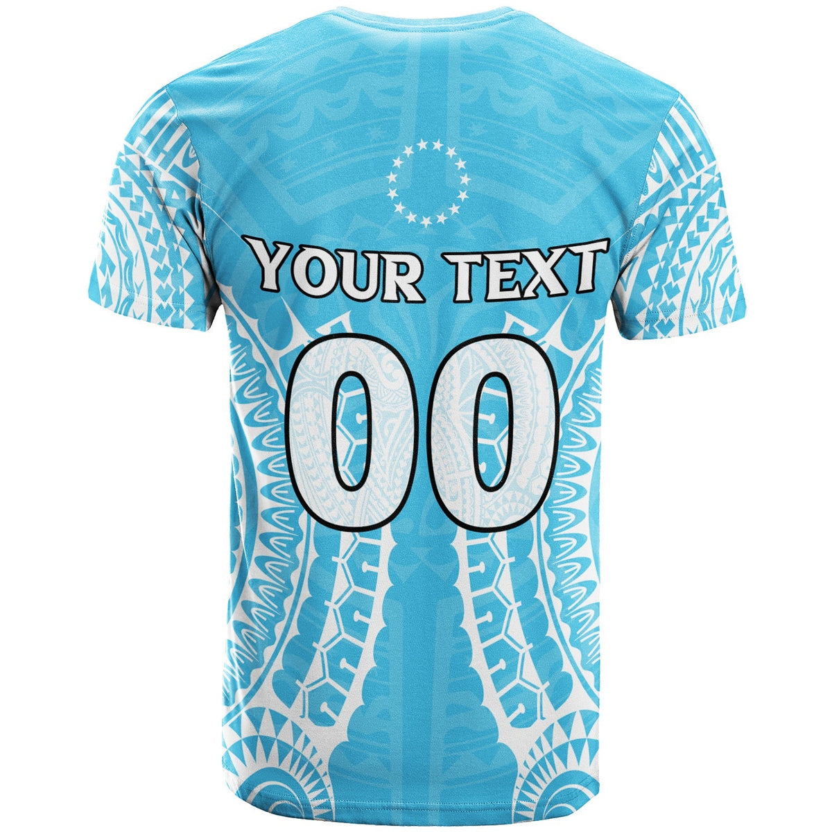Blue T-shirt back with custom text above large “00” and tribal pattern