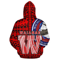 Red zip hoodie with WAIANAE hood print and large white geometric stripe panel