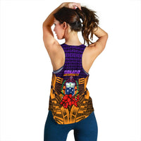 Purple back view of Samoa tank top with tribal print and hibiscus shield emblem