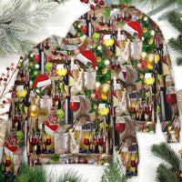 Ugly Christmas wine-themed sweater featuring wine bottles and glasses, Santa hat accents