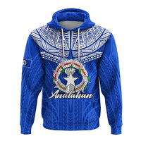 Blue hoodie with Anatahan wreath-star emblem, tribal yoke and front pocket