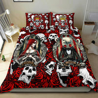 Red and black skull and rose themed bedding set with two matching pillowcases