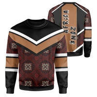 Unisex crewneck sweatshirt, red tan black with geometric kitenge patterns