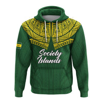 Green pullover hoodie with yellow tribal yoke and Society Islands script on chest