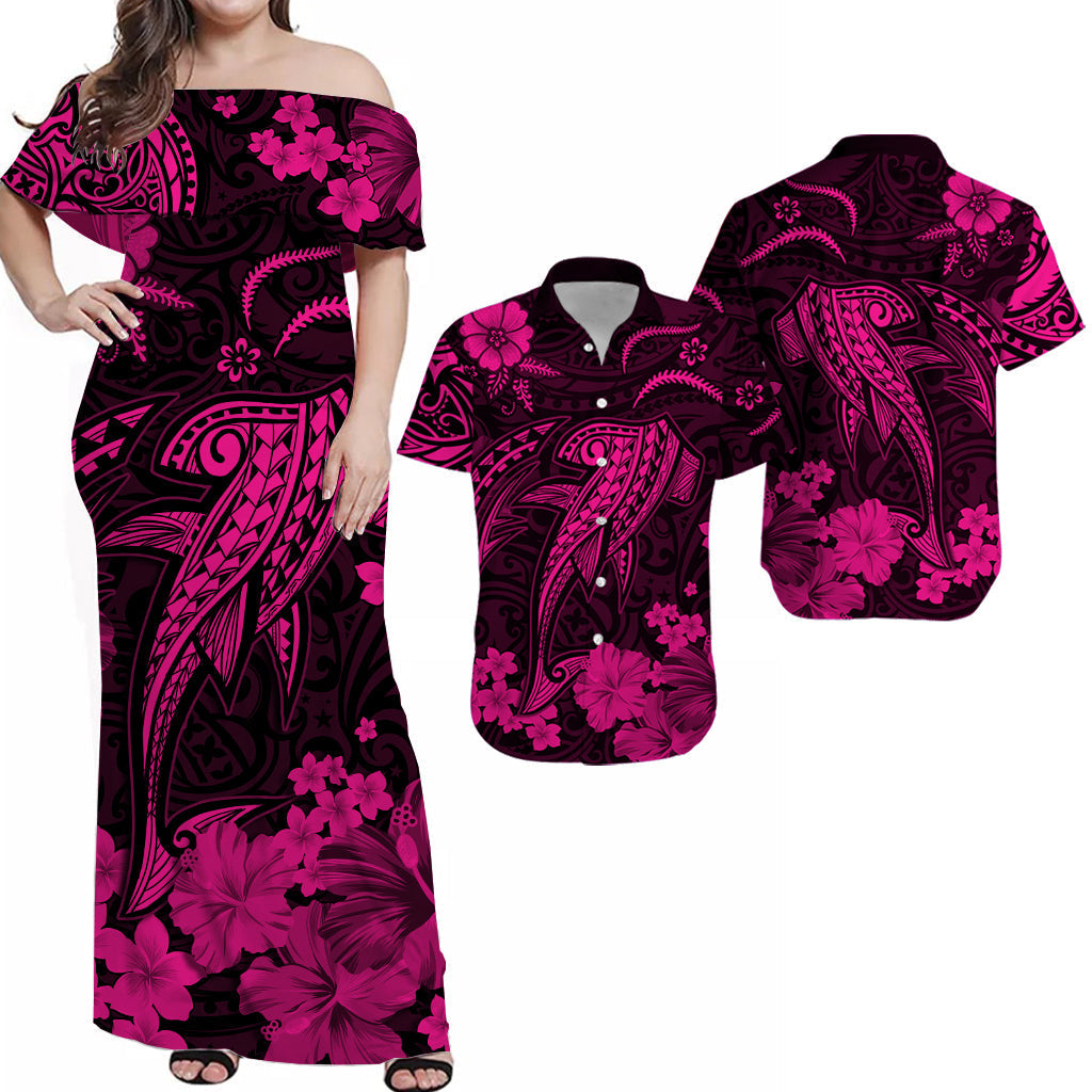 Off-shoulder maxi dress on dark fabric with pink floral and tribal pattern