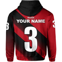 Back of Belgium hoodie in red/black with 'YOUR NAME' and large white number 3