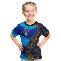 Kids Fiji flag T-shirt in blue with navy and gold Polynesian graphic, crew neck