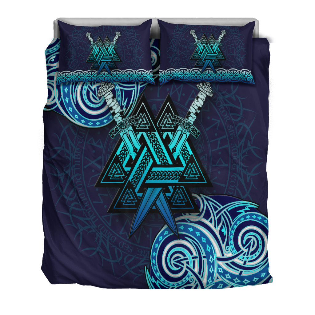 Navy-blue duvet cover with teal Valknut symbol and braided border on two pillows