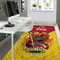 Kumul Pride PNG area rug under desk, red band and yellow eagle graphic
