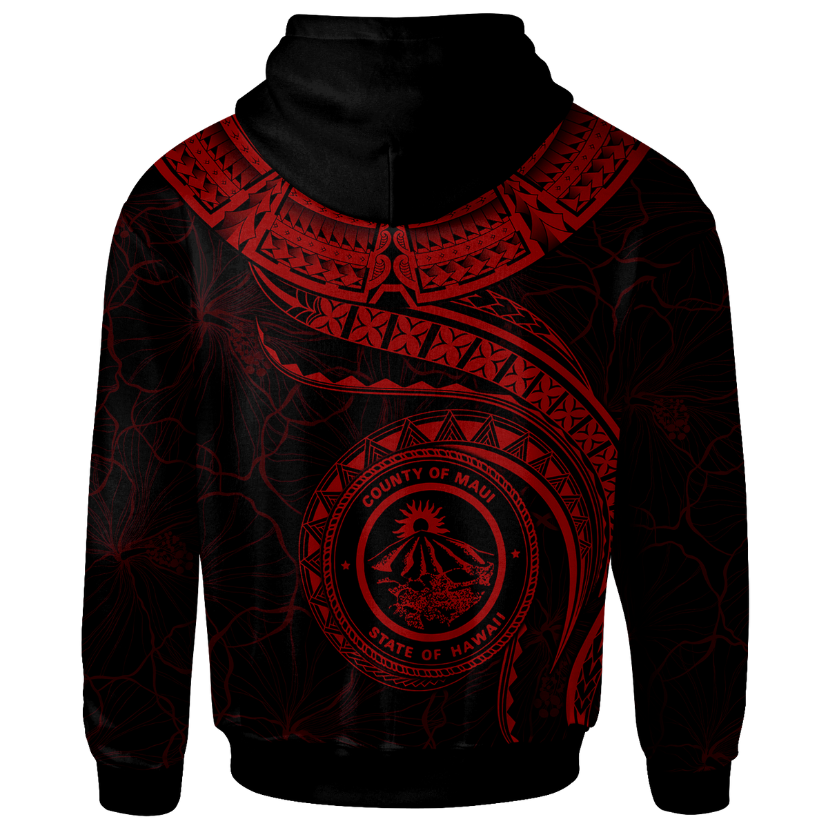 Black pullover hoodie with red Maui seal emblem and tribal waves graphic across chest