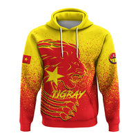 Front view red-and-yellow pullover hoodie, lion emblem print and drawstring hood