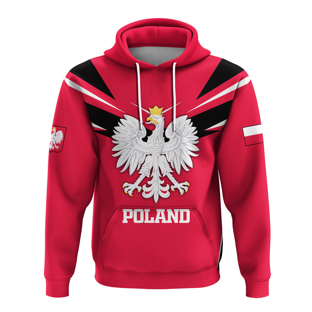 Red Poland pullover hoodie front with eagle crest, black sunburst stripes, and 'POLAND'
