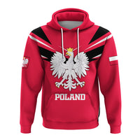 Red Poland pullover hoodie front with eagle crest, black sunburst stripes, and 'POLAND'