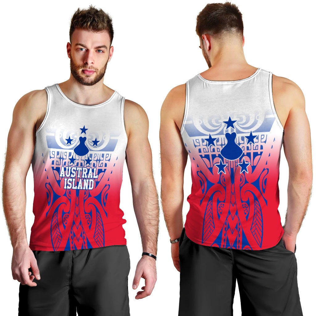 Men’s tribal tank top: white base, red/blue emblem with stars