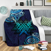 Dark blue Viking Valknut tattoo art blanket with teal star motif and white backing edge