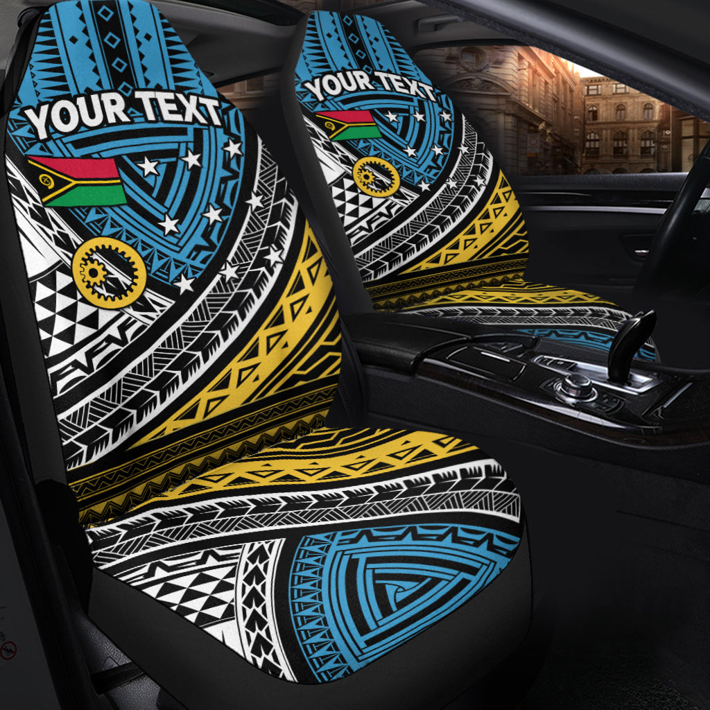 Blue tribal front seat covers with stars, geometric stripes, and 'Your Text' on backrests.