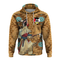 Native American pullover hoodie front view, tan chief graphic with turquoise accents