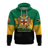 Front view green pullover hoodie with central crest and “60th Jamaica Independence Day” print