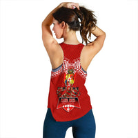Red womens tank top back view, V-shaped racerback and crest graphic