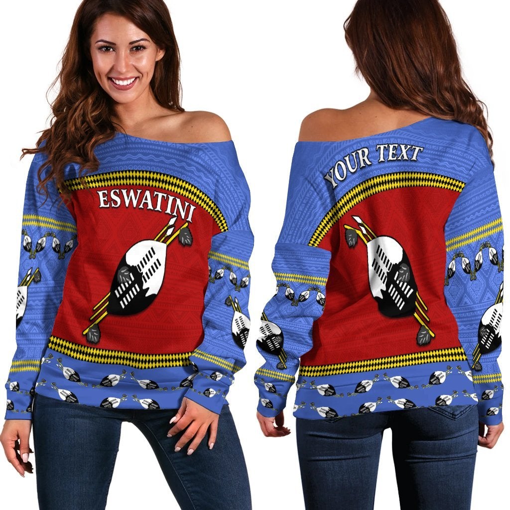 Women off-shoulder sweater in multicolor with ESWATINI emblem and flag print