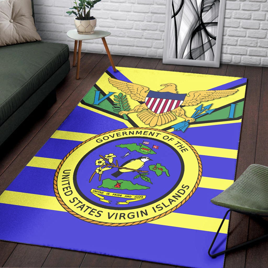 US Virgin Islands seal area rug with eagle emblem over bold blue and yellow stripes