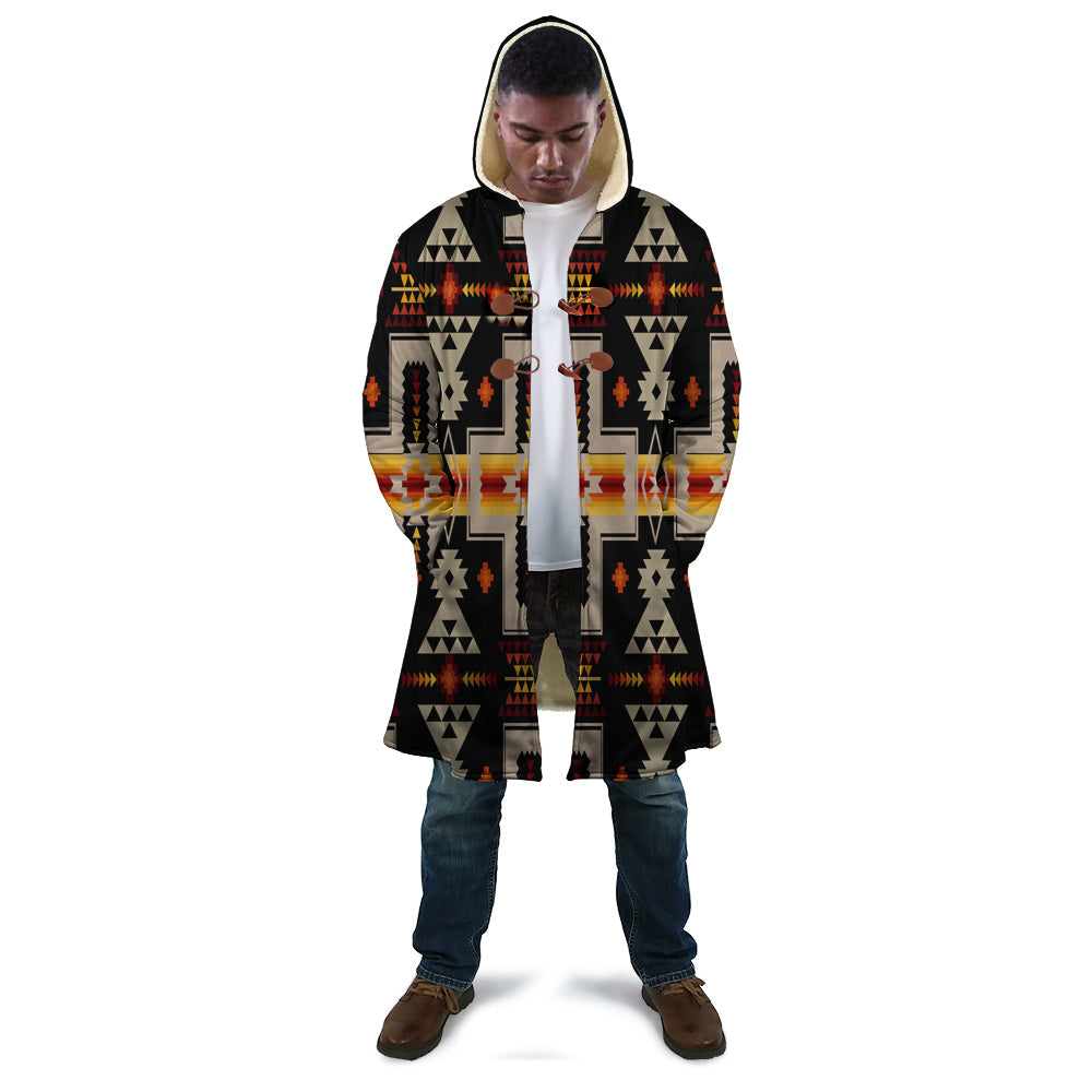 Hooded cloak front, black base with multicolor aztec-style geometric design