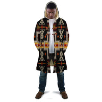 Hooded cloak front, black base with multicolor aztec-style geometric design