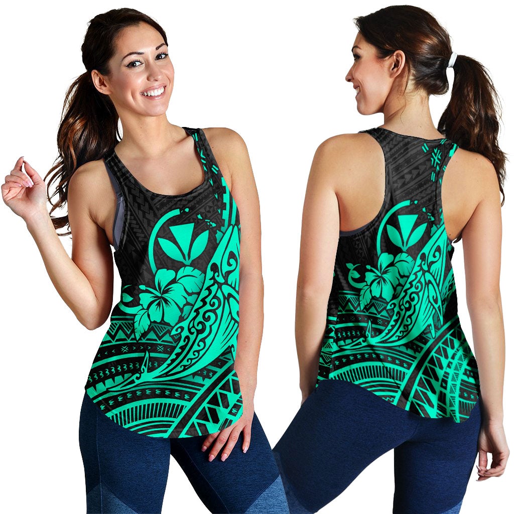 Turquoise and green tribal whale hibiscus women’s tank, black racerback