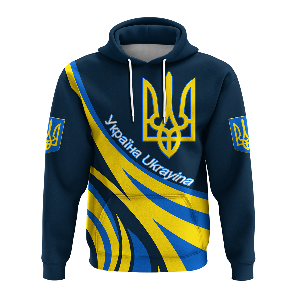 Front view blue pullover hoodie with gold trident crest, drawstring hood, stripe graphic