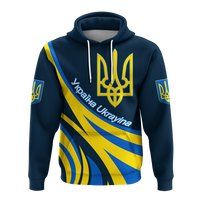 Front view blue pullover hoodie with gold trident crest, drawstring hood, stripe graphic