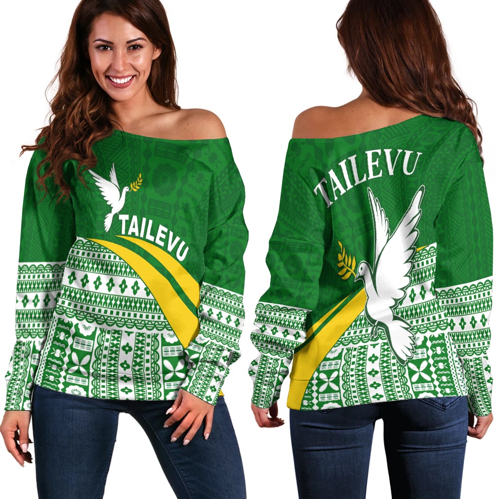 Tailevu Rugby Off Shoulder Sweater Fiji Rugby Tapa Pattern Green LT13 - Wonder Print Shop