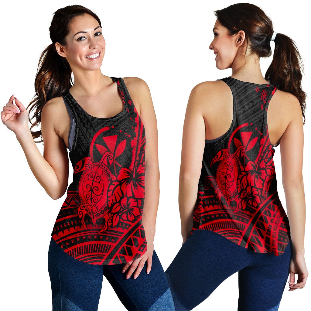 Red-and-black Hawaii turtle hibiscus tribal print women’s tank top, sleeveless racerback