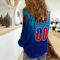 Blue long-sleeve casual shirt with large back print reading YOUR TEXT and 00