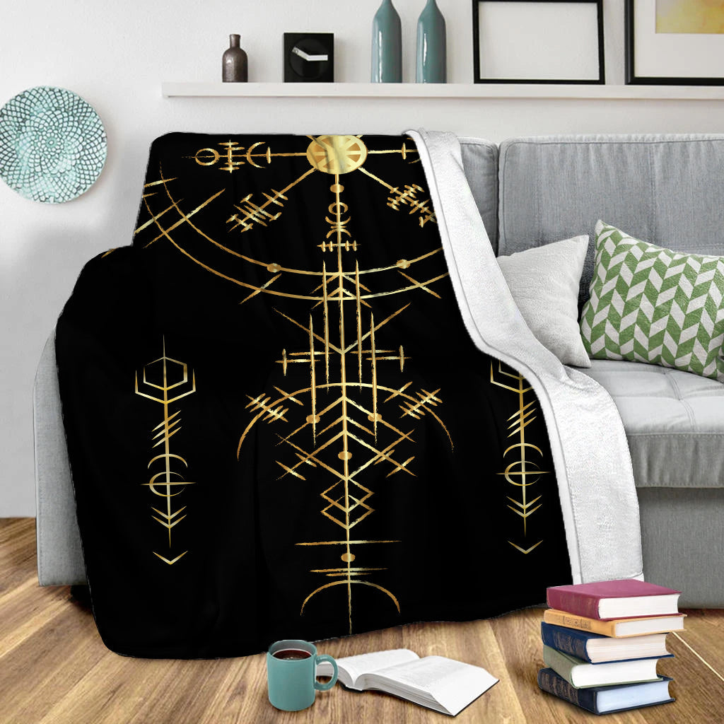 Black Viking-themed blanket with gold symbols and central vertical rune design