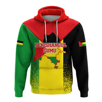 Red pullover hoodie front view with BENISHANGUL GUMU map print and drawstrings