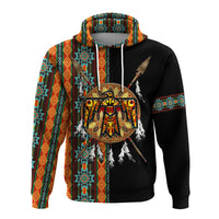 Black pullover hoodie front with hood drawstrings and colorful thunderbird graphic